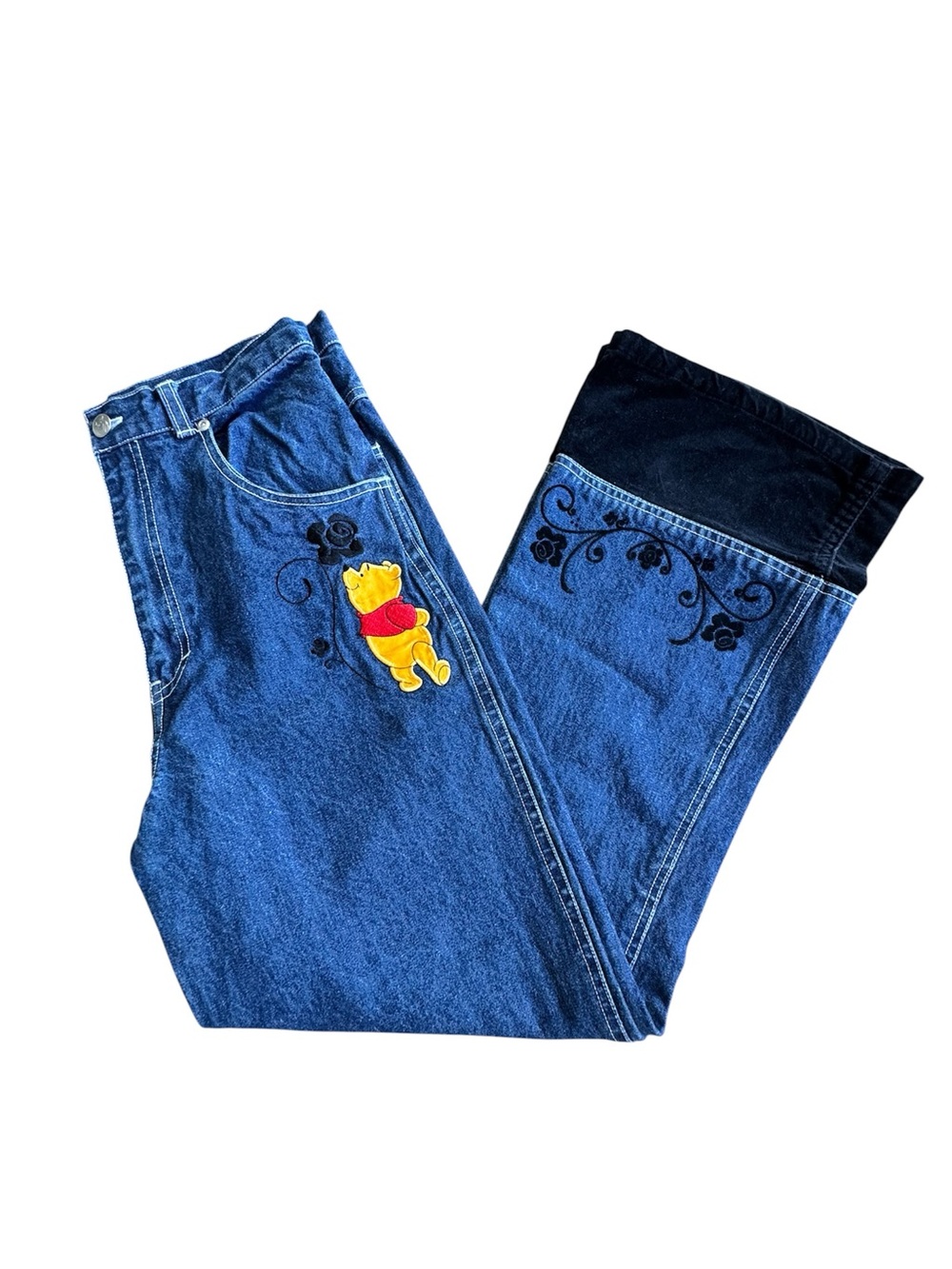 Vtg Disney Winnie the Pooh Embroidered Colorblock Velvet Cuff Jeans Girls Sz 14